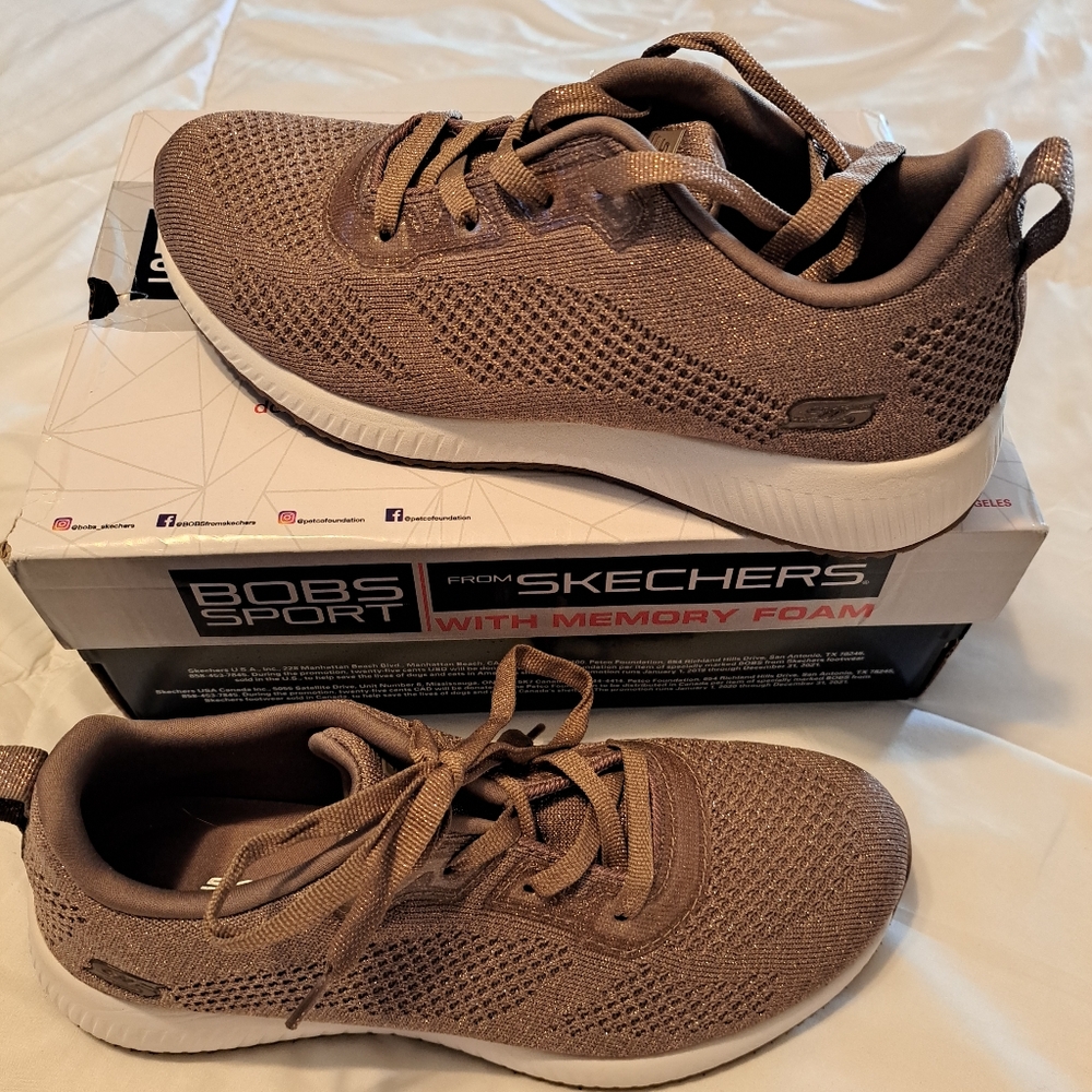 SKECHERS BOBS SPARKLE KNIT LACE UP SNEAKERS,SQUAD GLITZ TAUPE COLOR
